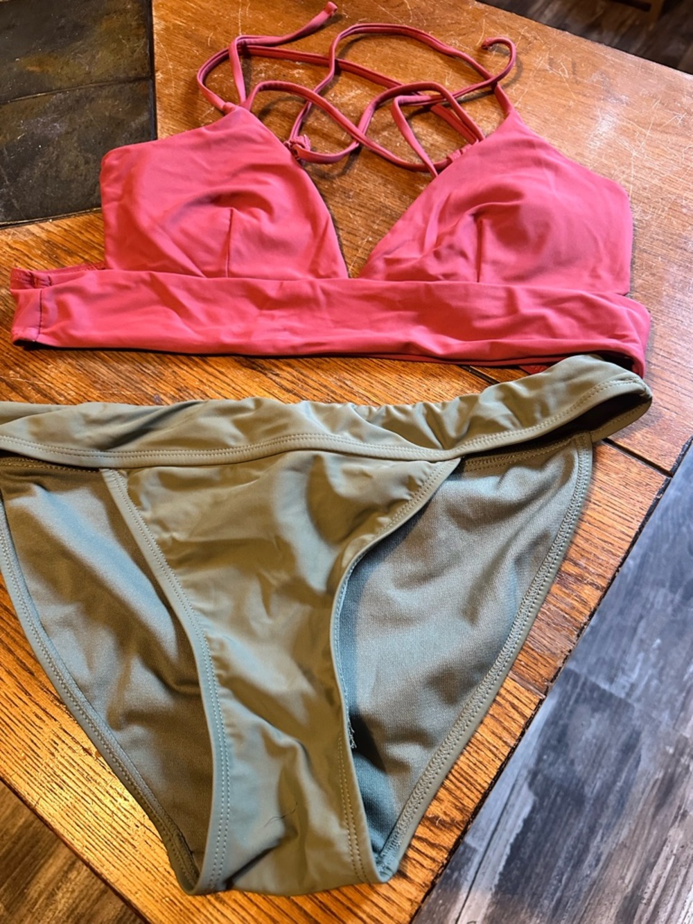 ROMWE coral  Strappy Bikini Top with Olive Green Bottoms